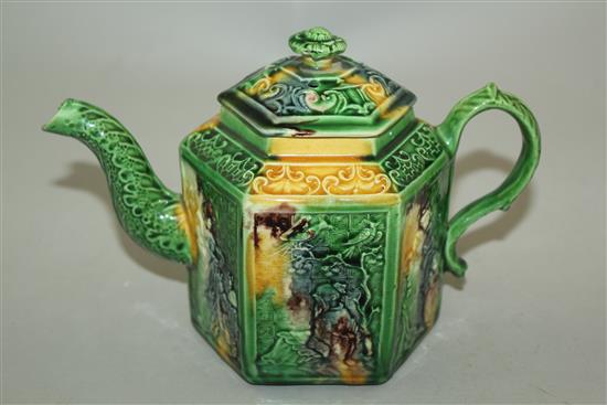 A Staffordshire lead-glazed creamware hexagonal teapot and cover, c.1760-5, h. 14cm, chip to spout